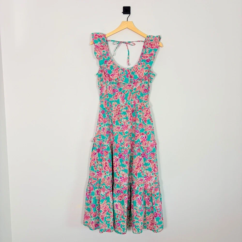 J Crew Womens Floral Paisley Ruffle Tiered Midi Sundress Green Pink 4 - Picture 2 of 10
